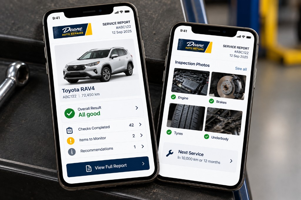 Digital service report on a phone, with checks, photos and next-service notes